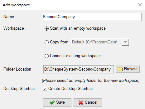 ChequeSystem create workspace for multiple companies