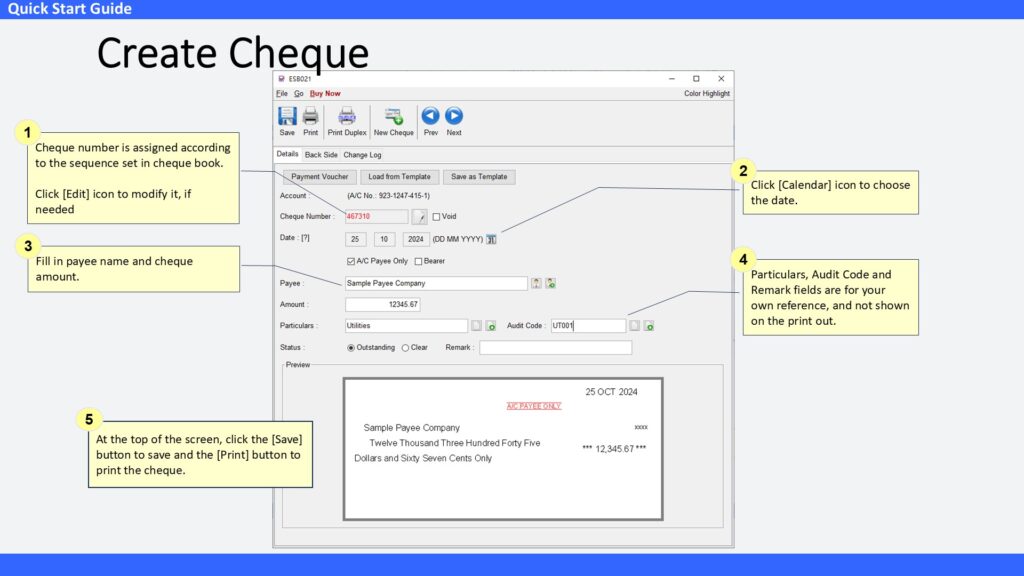 Quick Start Guide Create Cheque