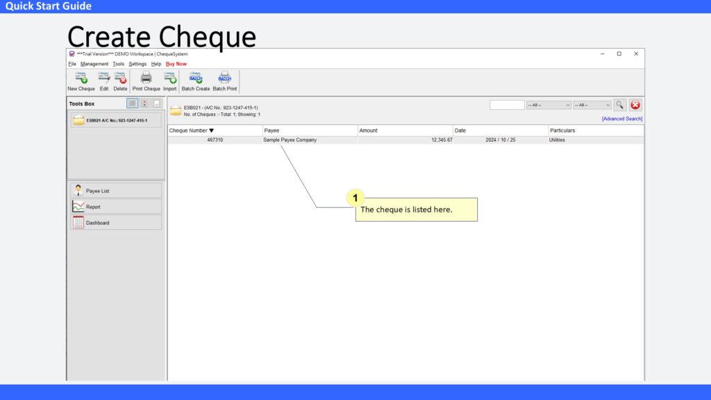 Quick Start Guide Create Cheque