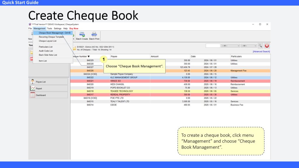 Quick Start Guide Create Cheque Book