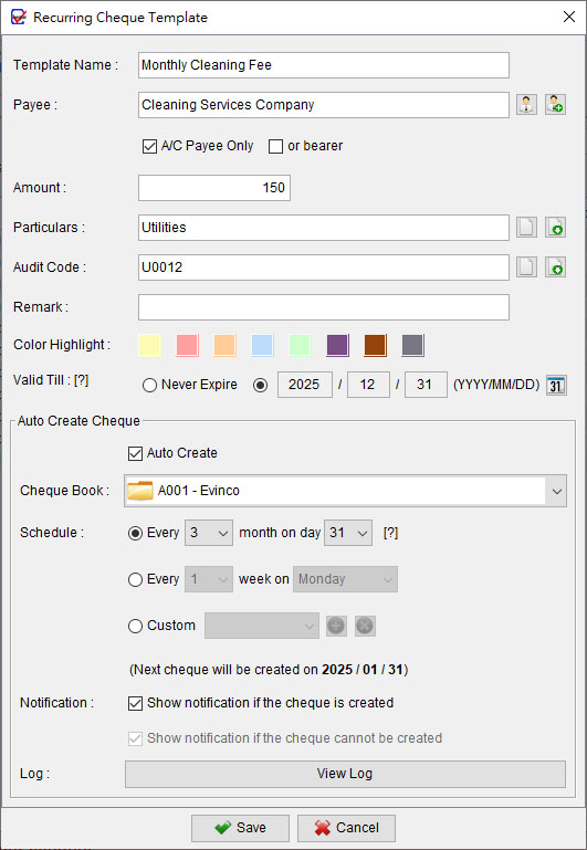 Recurring Cheque Template