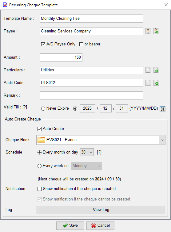 Recurring Cheque Template