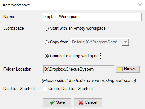 ChequeSystem connect dropbox workspace