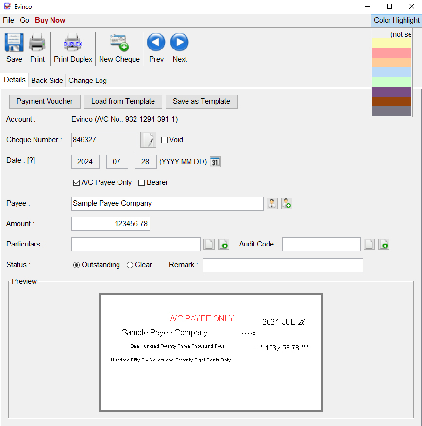 Cheque Color Highlight