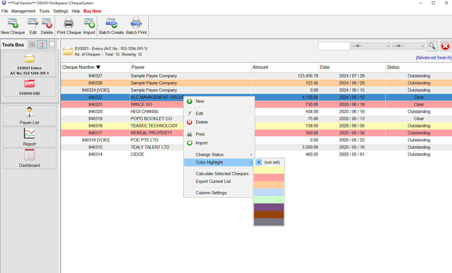 Cheque List Color Highlighting