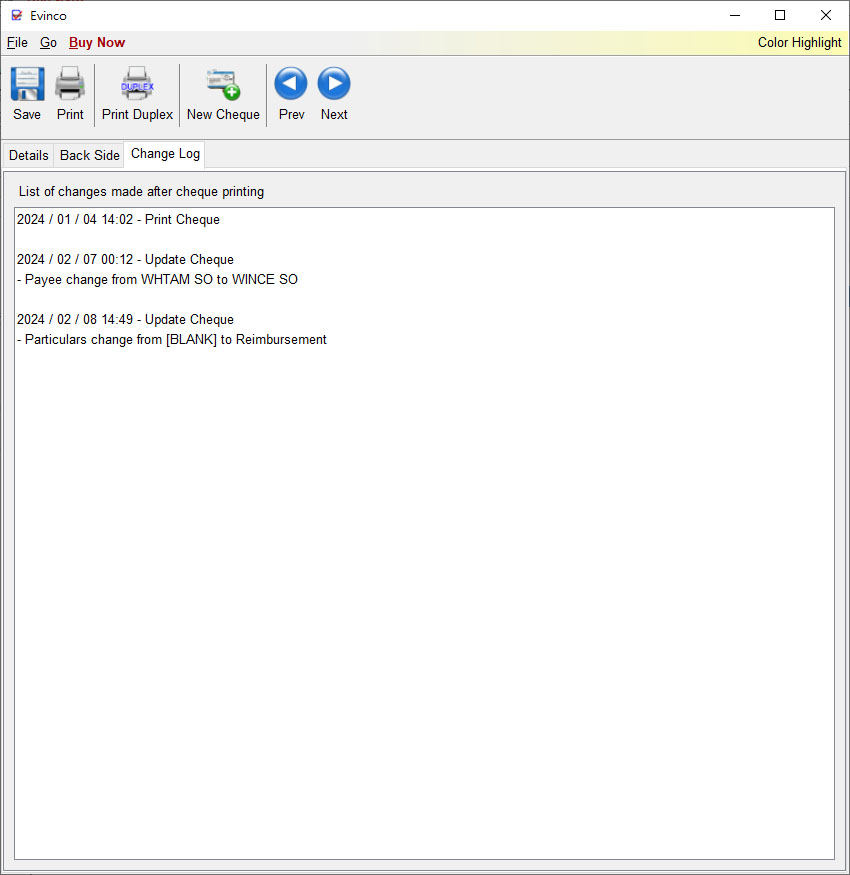 Change Log after cheque printing
