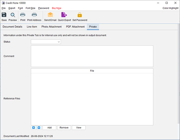 Credit Note Private Tab