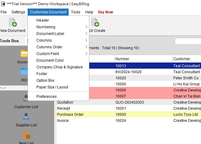 Customize Document Menu