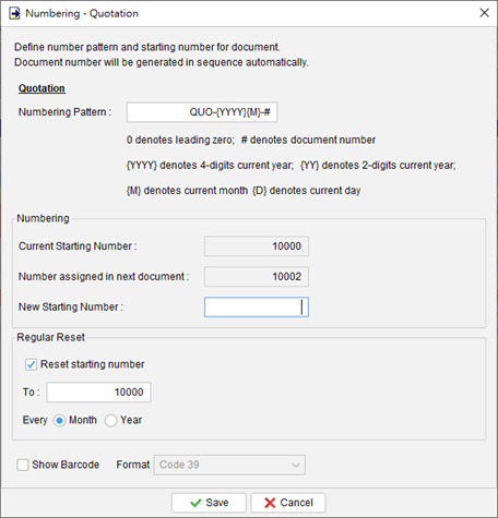 Document Number Settings