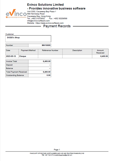 Payment Received Report Sample Output