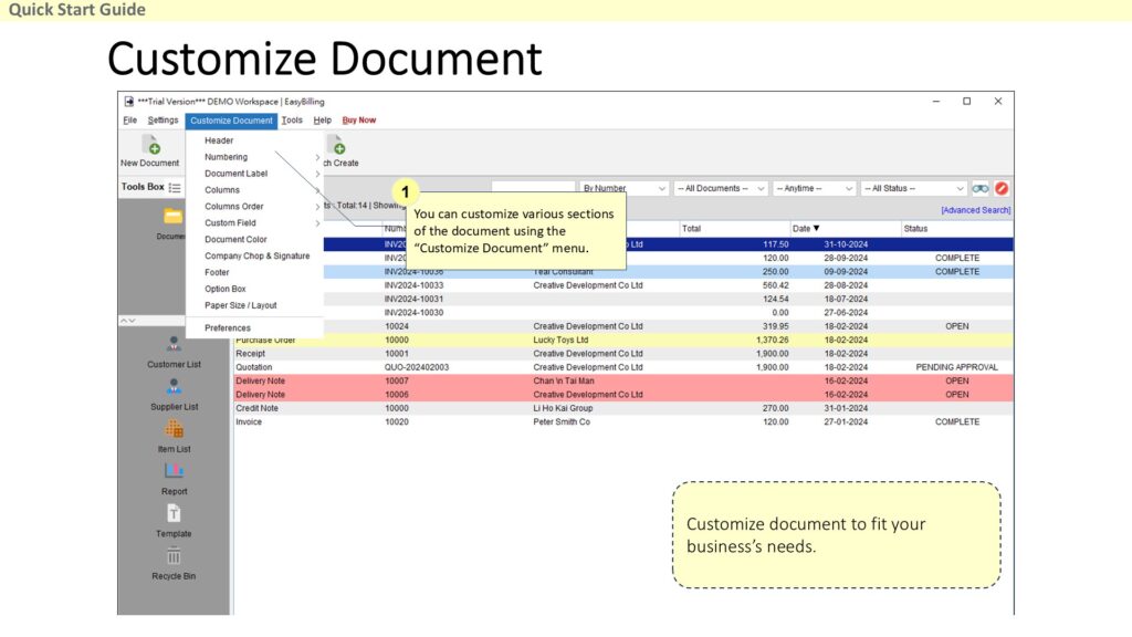 Quick Start Guide - Customize Document