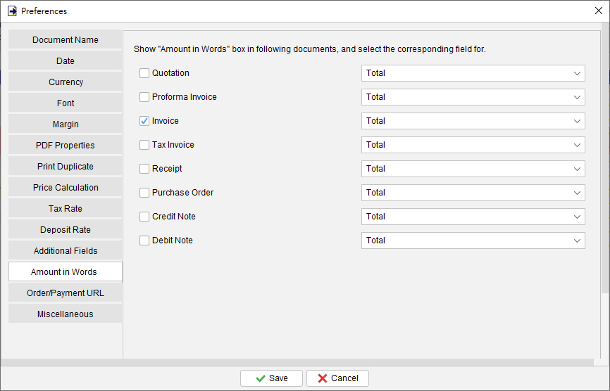 Amount in Words in Preferences