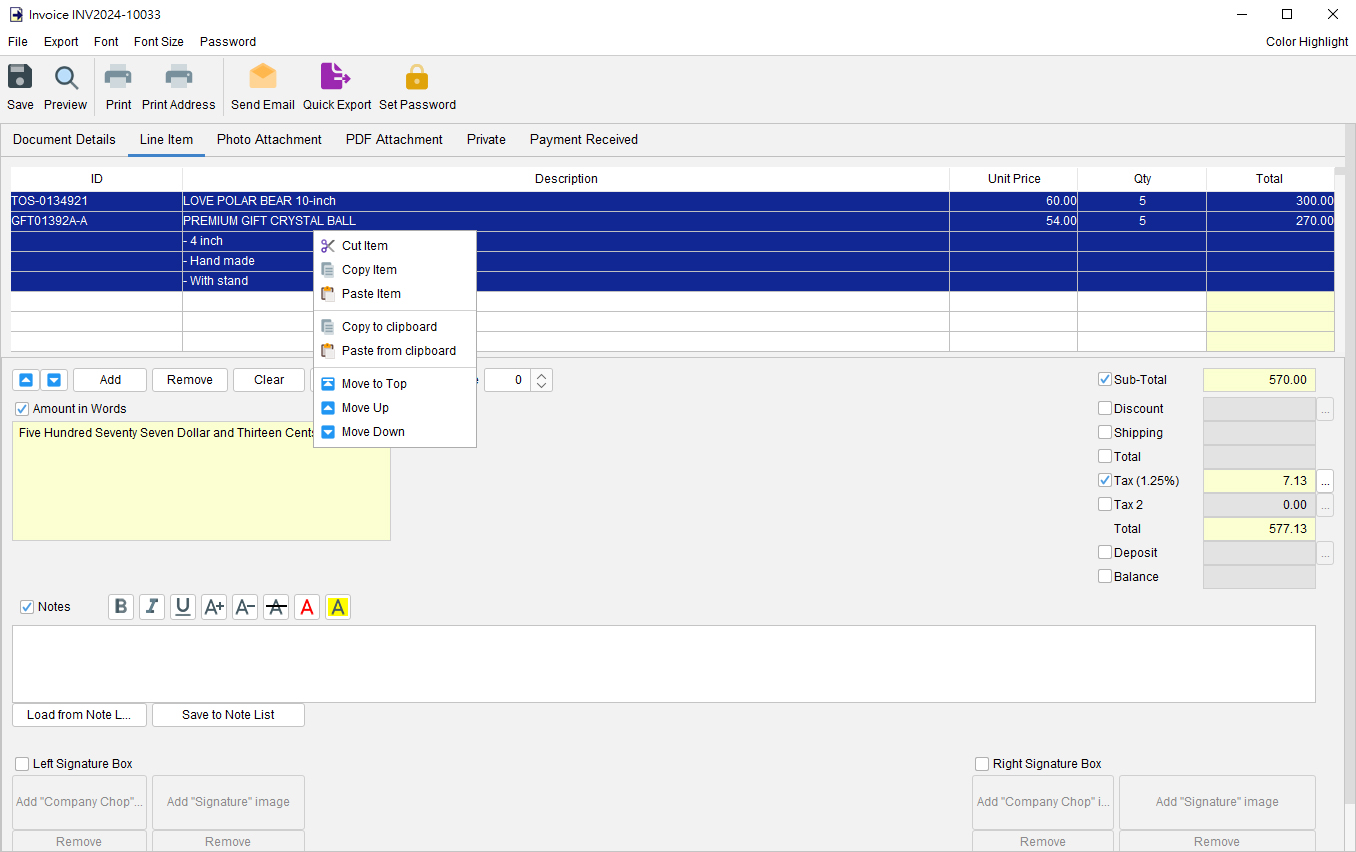 Copy Item Information to Documents