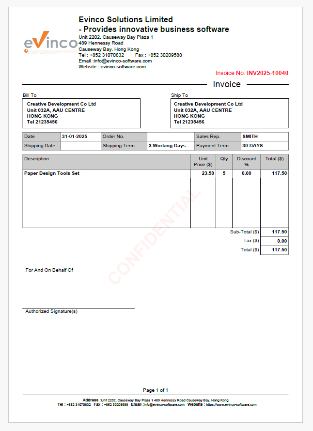 EasyBilling document with red watermark