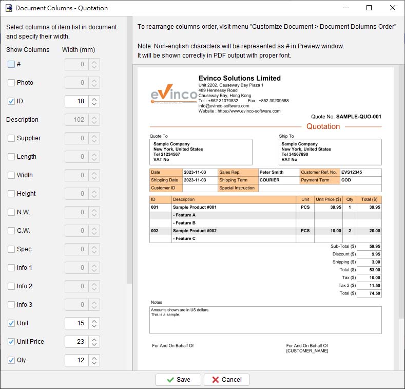 hide column and adjust column width in document