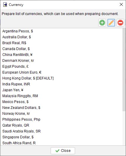 currency list and default currency