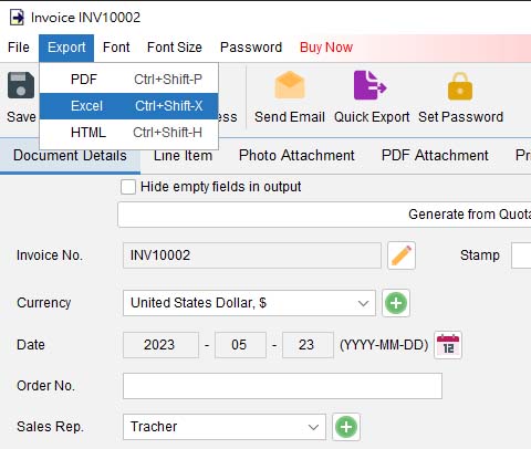 export sales document into PDF, Excel and HTML format