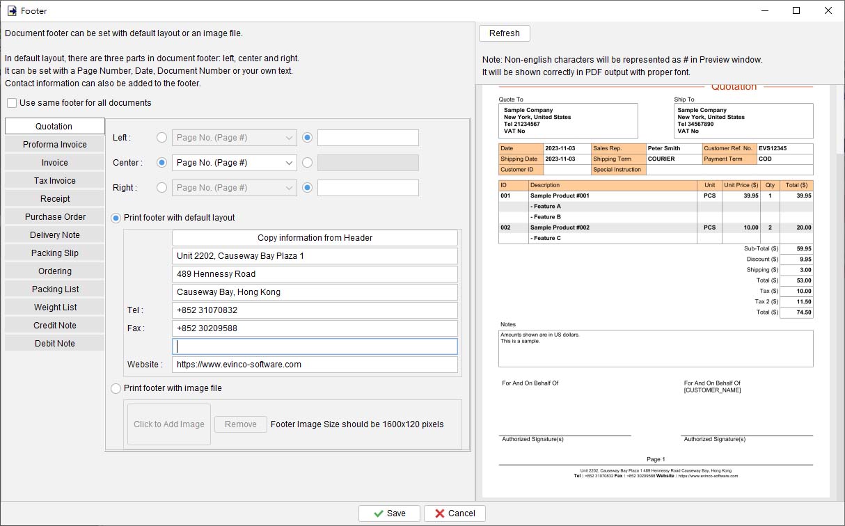 set footer for different documents, invoice, quotation, receipt