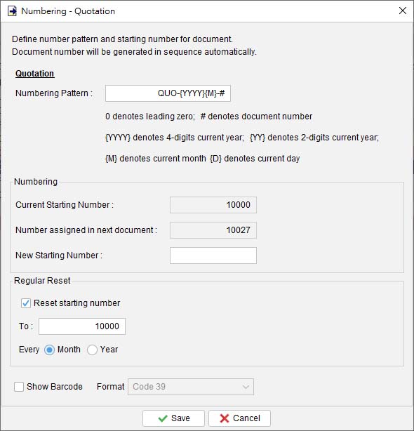 document number pattern and sequence