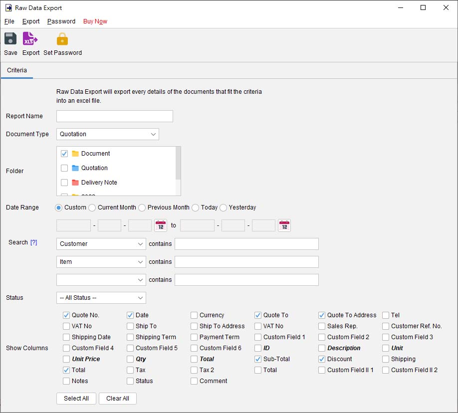 export raw data of documents