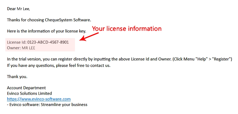 Sample of license information email