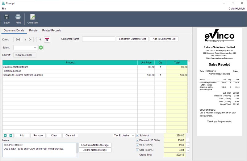 Quick Receipt Software for Thermal Printer