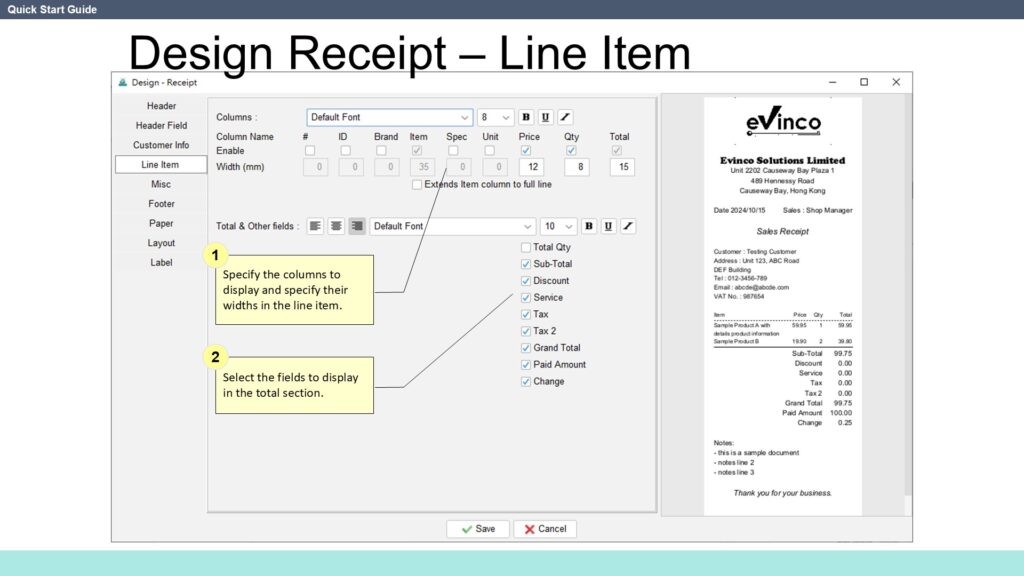 Quick Start Guide Design Receipt Line Item