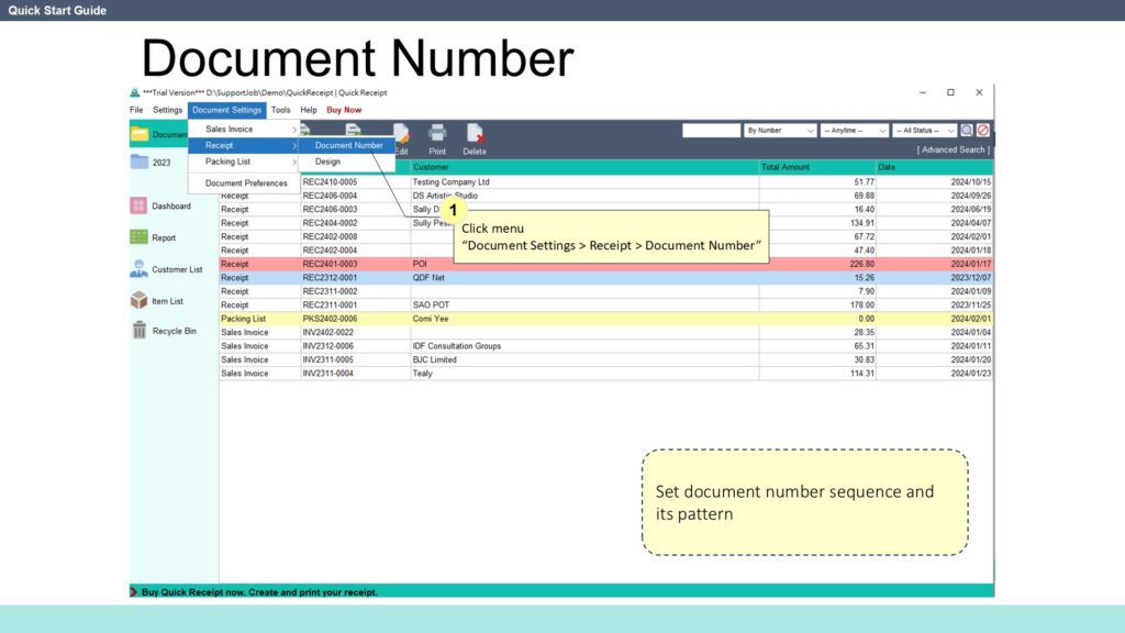 Quick Start Guide Document Number Settings