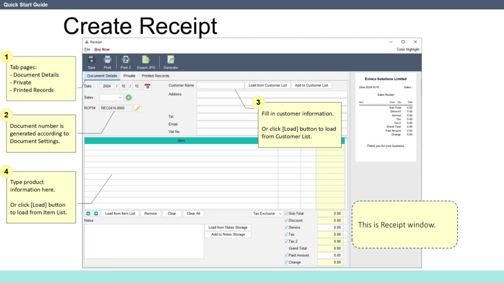 Quick Start Guide Create Receipt