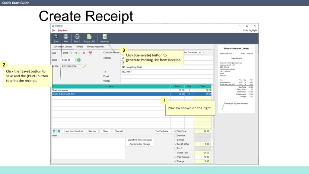 Quick Start Guide Create Receipt