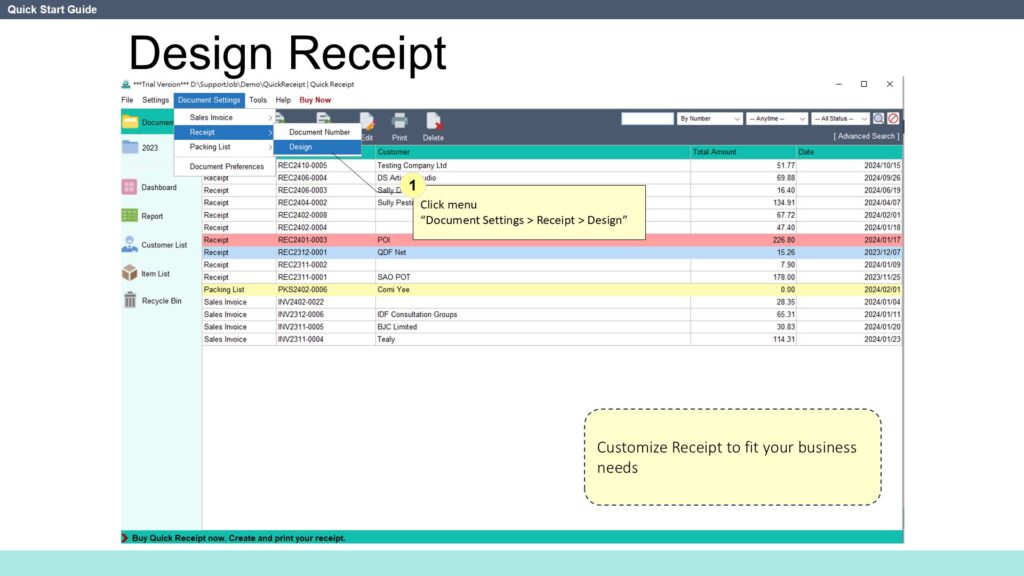 Quick Start Guide Design Receipt